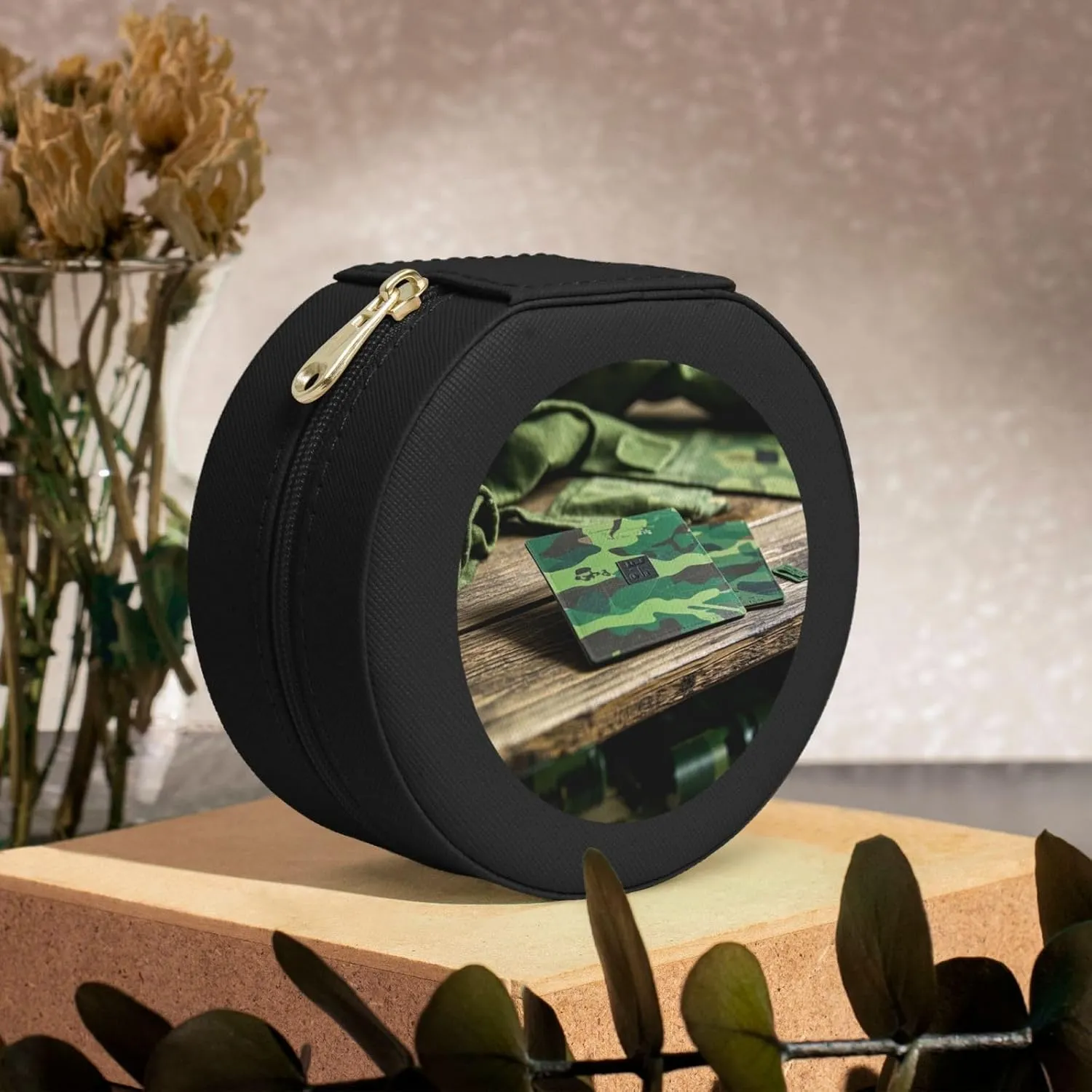 Hardwoods Green Print Round Leather Jewelry Box,Portable Mini Jewelry Home or Travel Storage Box,Used to Store Rings,Earrings,Necklaces,and Bracelets