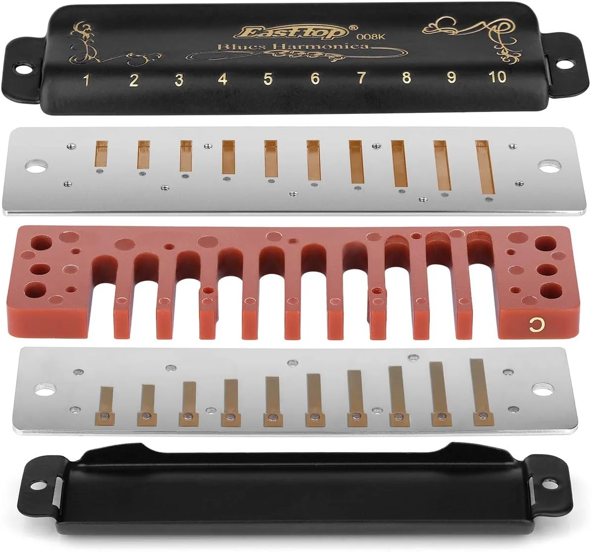 Harmonica Set Harmonica 7 Keys 10 Hole 20 Tone Professional Blues Harp Key of A B C D E F G for Professional Player,Beginner, Gift(East Top)- Black