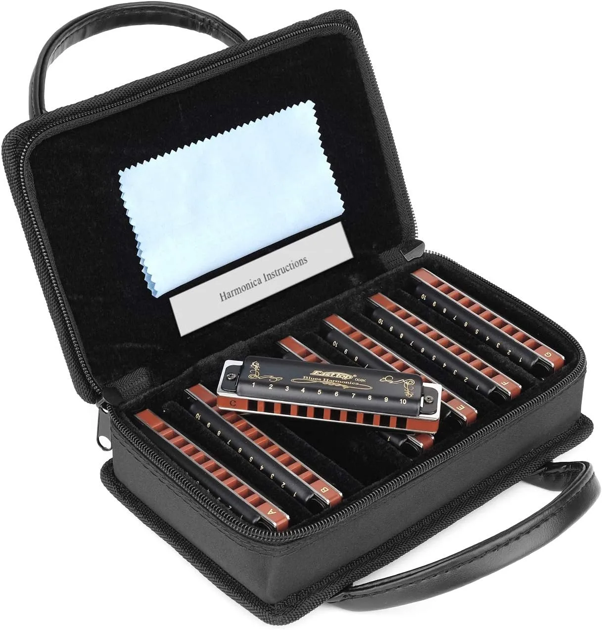 Harmonica Set Harmonica 7 Keys 10 Hole 20 Tone Professional Blues Harp Key of A B C D E F G for Professional Player,Beginner, Gift(East Top)- Black