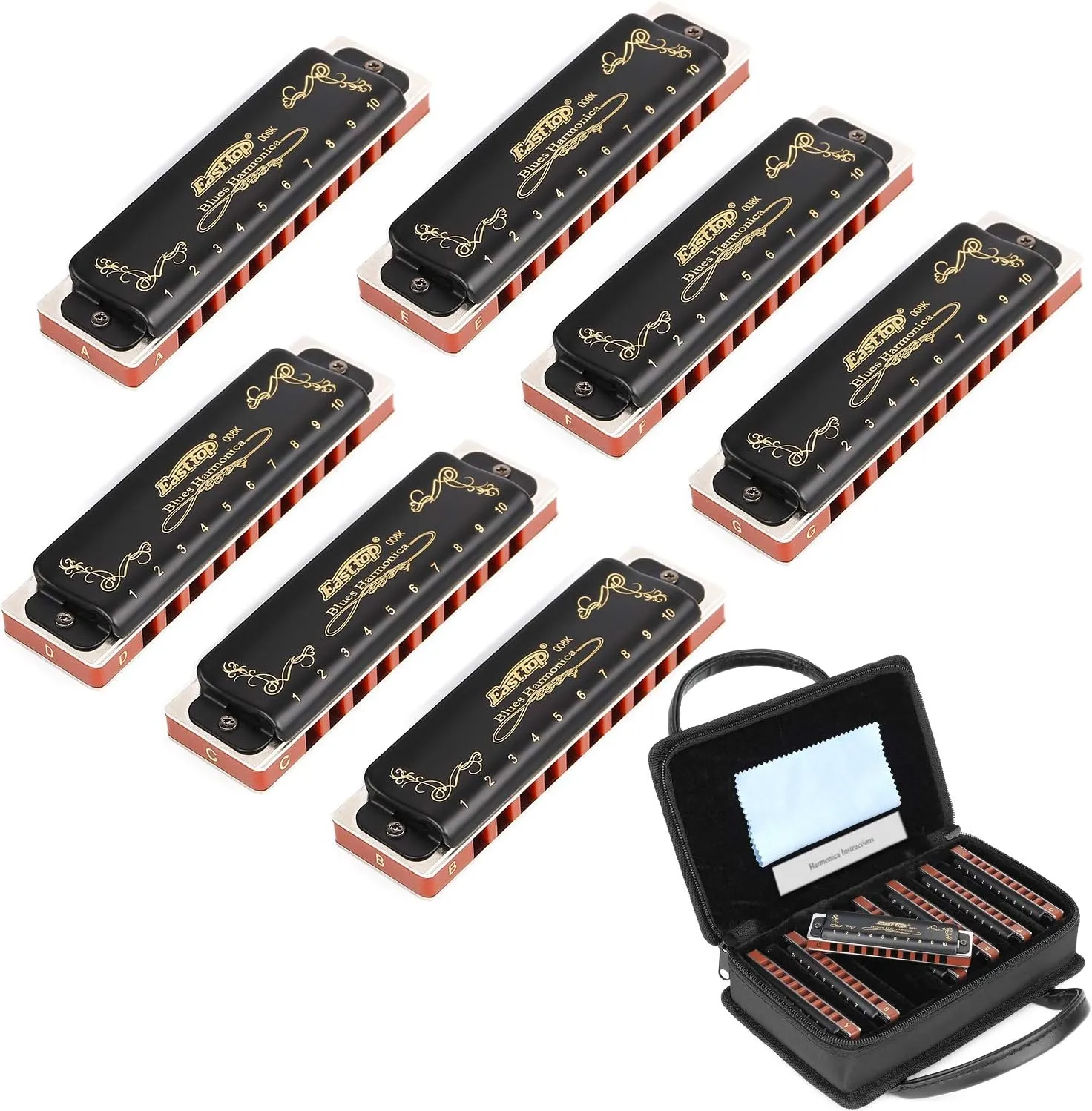 Harmonica Set Harmonica 7 Keys 10 Hole 20 Tone Professional Blues Harp Key of A B C D E F G for Professional Player,Beginner, Gift(East Top)- Black