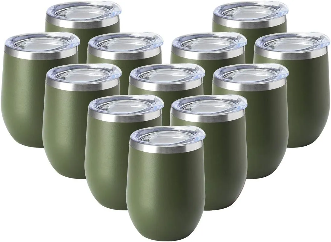 HASLE OUTFITTERS 12oz Wine Tumbler with Lid Stemless Wine Glasses Double Wall Vacuum Travel Mugs stainless steel Coffee Cup for Cold & Hot Drinks Wine Coffee Cocktails Beer 12 Pack Army Green