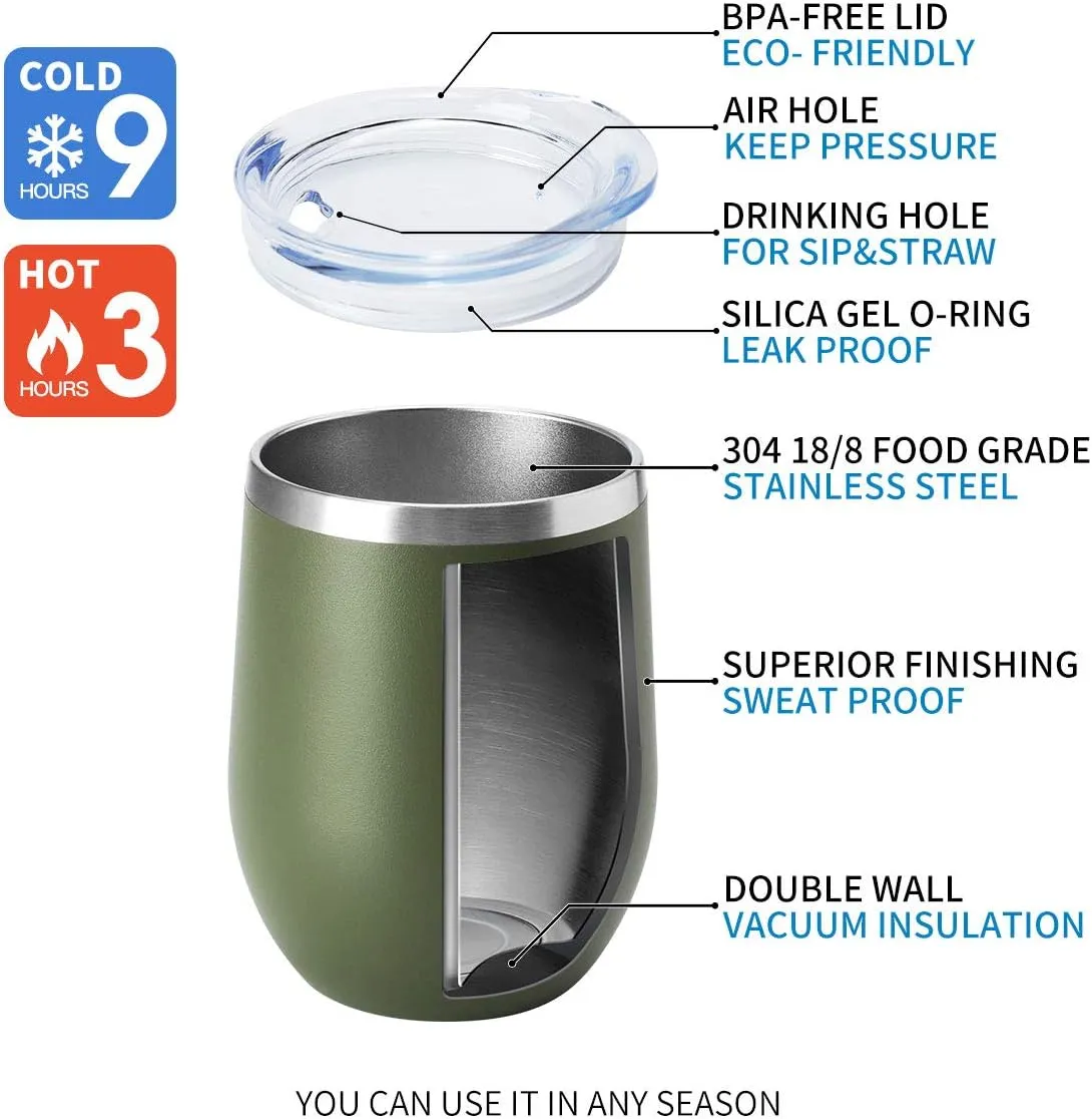 HASLE OUTFITTERS 12oz Wine Tumbler with Lid Stemless Wine Glasses Double Wall Vacuum Travel Mugs stainless steel Coffee Cup for Cold & Hot Drinks Wine Coffee Cocktails Beer 12 Pack Army Green