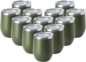 HASLE OUTFITTERS 12oz Wine Tumbler with Lid Stemless Wine Glasses Double Wall Vacuum Travel Mugs stainless steel Coffee Cup for Cold & Hot Drinks Wine Coffee Cocktails Beer 12 Pack Army Green