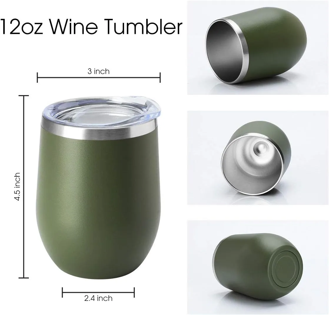 HASLE OUTFITTERS 12oz Wine Tumbler with Lid Stemless Wine Glasses Double Wall Vacuum Travel Mugs stainless steel Coffee Cup for Cold & Hot Drinks Wine Coffee Cocktails Beer 12 Pack Army Green