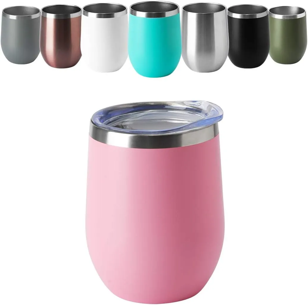 HASLE OUTFITTERS 12oz Wine Tumbler with Lid Stemless Wine Glasses Double Wall Vacuum Travel Mugs stainless steel Coffee Cup for Cold & Hot Drinks Wine Coffee Cocktails Beer 12 Pack Pink