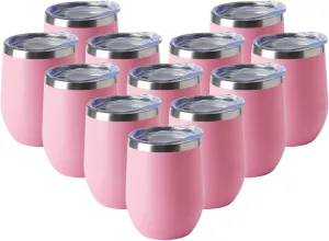 HASLE OUTFITTERS 12oz Wine Tumbler with Lid Stemless Wine Glasses Double Wall Vacuum Travel Mugs stainless steel Coffee Cup for Cold & Hot Drinks Wine Coffee Cocktails Beer 12 Pack Pink
