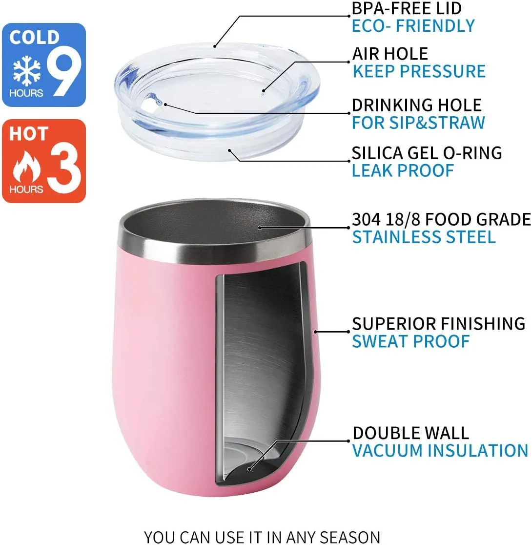 HASLE OUTFITTERS 12oz Wine Tumbler with Lid Stemless Wine Glasses Double Wall Vacuum Travel Mugs stainless steel Coffee Cup for Cold & Hot Drinks Wine Coffee Cocktails Beer 12 Pack Pink