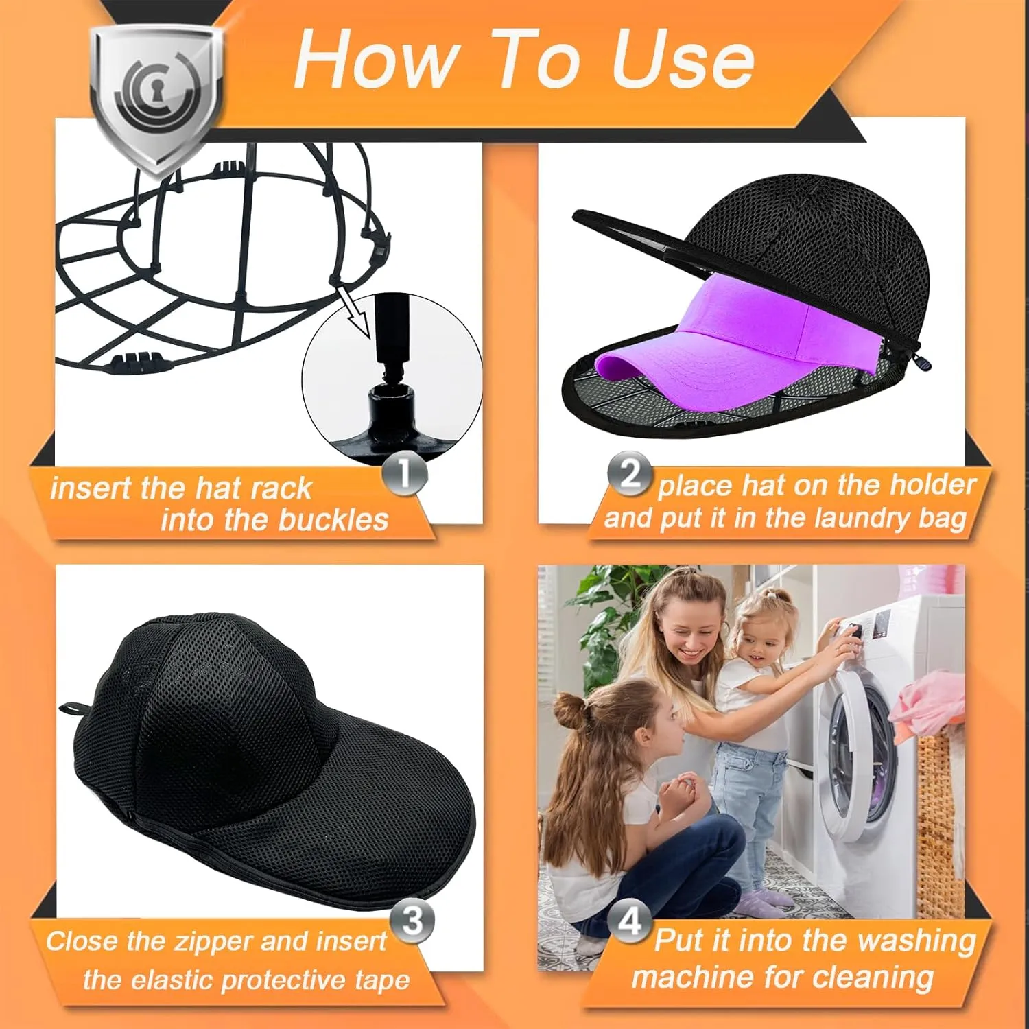 Hat Cleaner, Baseball Cap Washer for Washing Machine/Dishwasher, Mesh Bags, Cleaning Protector Cage (2 Pack Black)