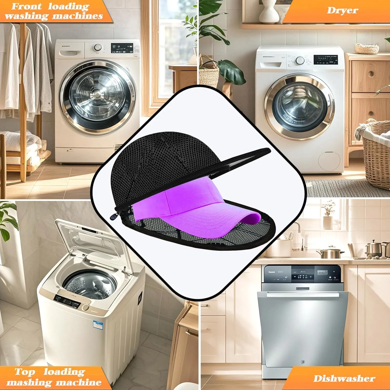 Hat Cleaner, Baseball Cap Washer for Washing Machine/Dishwasher, Mesh Bags, Cleaning Protector Cage (2 Pack Black)
