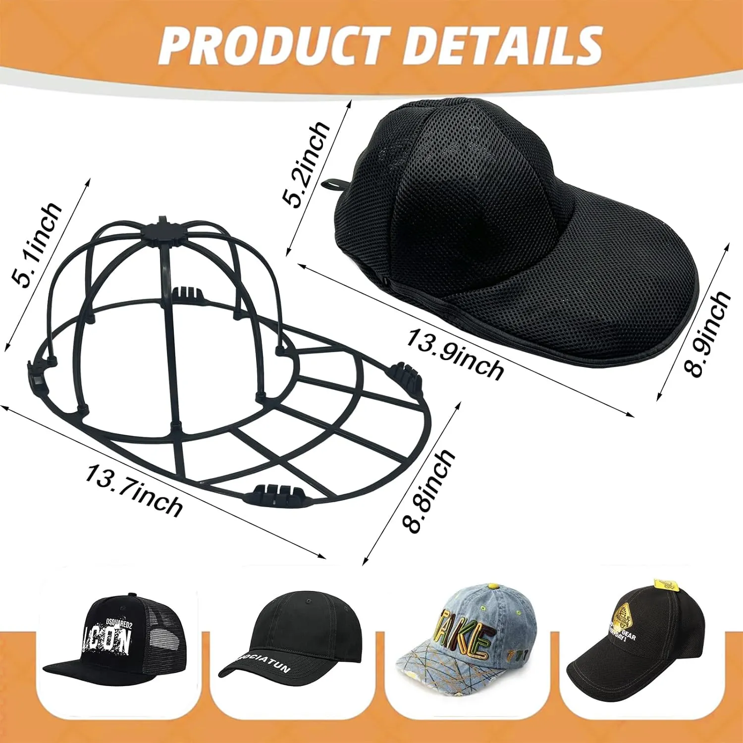 Hat Cleaner, Baseball Cap Washer for Washing Machine/Dishwasher, Mesh Bags, Cleaning Protector Cage (2 Pack Black)