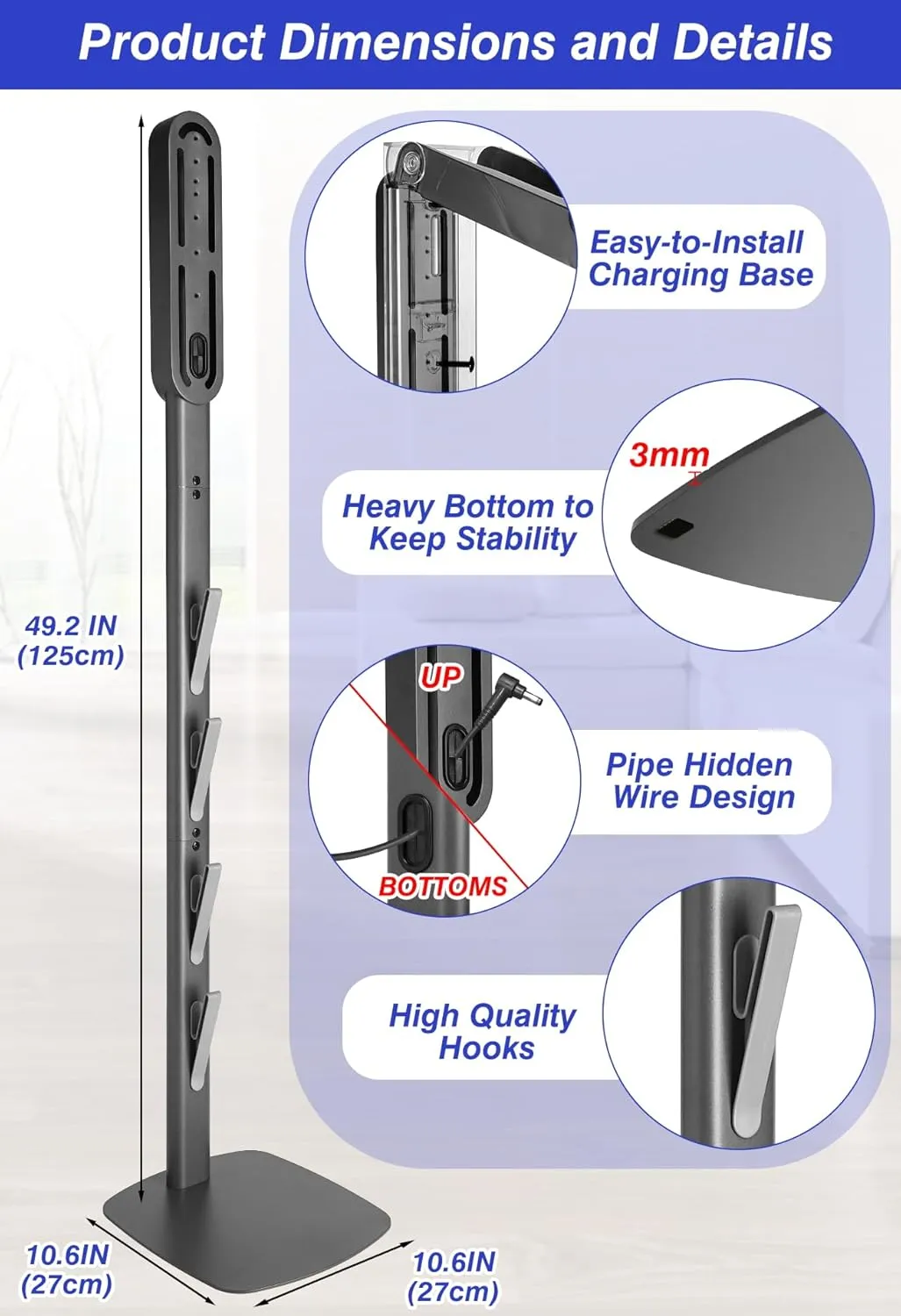 Haturi Vacuum Stand for Dyson Gen5 V15 V12 Detect V11 V10 V8 V7 V6, Vacuum Holder and Metal Storage Bracket Standing dock with Hidden Cord Design for Dyson Handheld Cordless Vacuum Cleaners