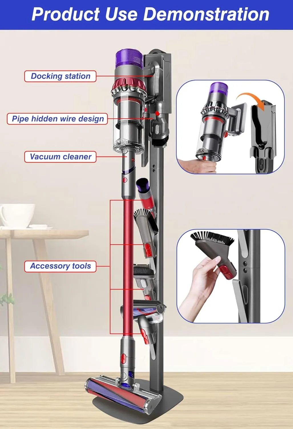 Haturi Vacuum Stand for Dyson Gen5 V15 V12 Detect V11 V10 V8 V7 V6, Vacuum Holder and Metal Storage Bracket Standing dock with Hidden Cord Design for Dyson Handheld Cordless Vacuum Cleaners