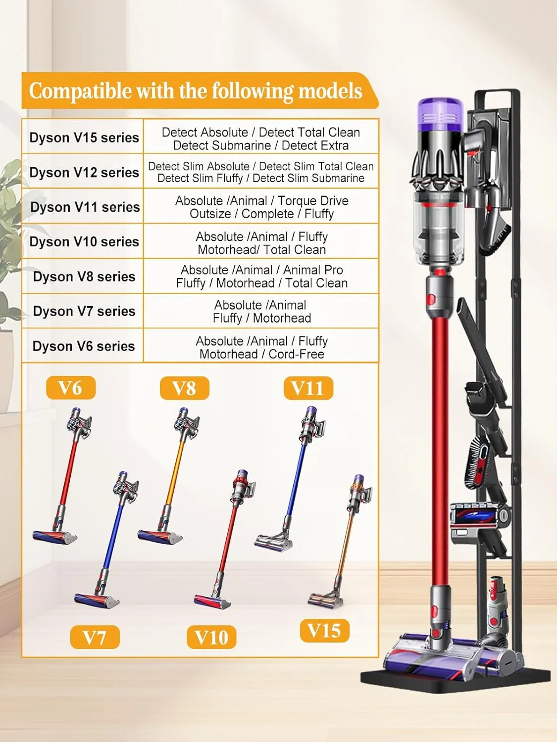 Haturi Vacuum Stand for Dyson V15 V12 V11 V10 V8 V7 V6, Metal Storage Holder for Cordless Vacuum & Accessories, Compatible with DC30 DC31 DC34 DC35 DC58 DC59 DC62 DC74, Black