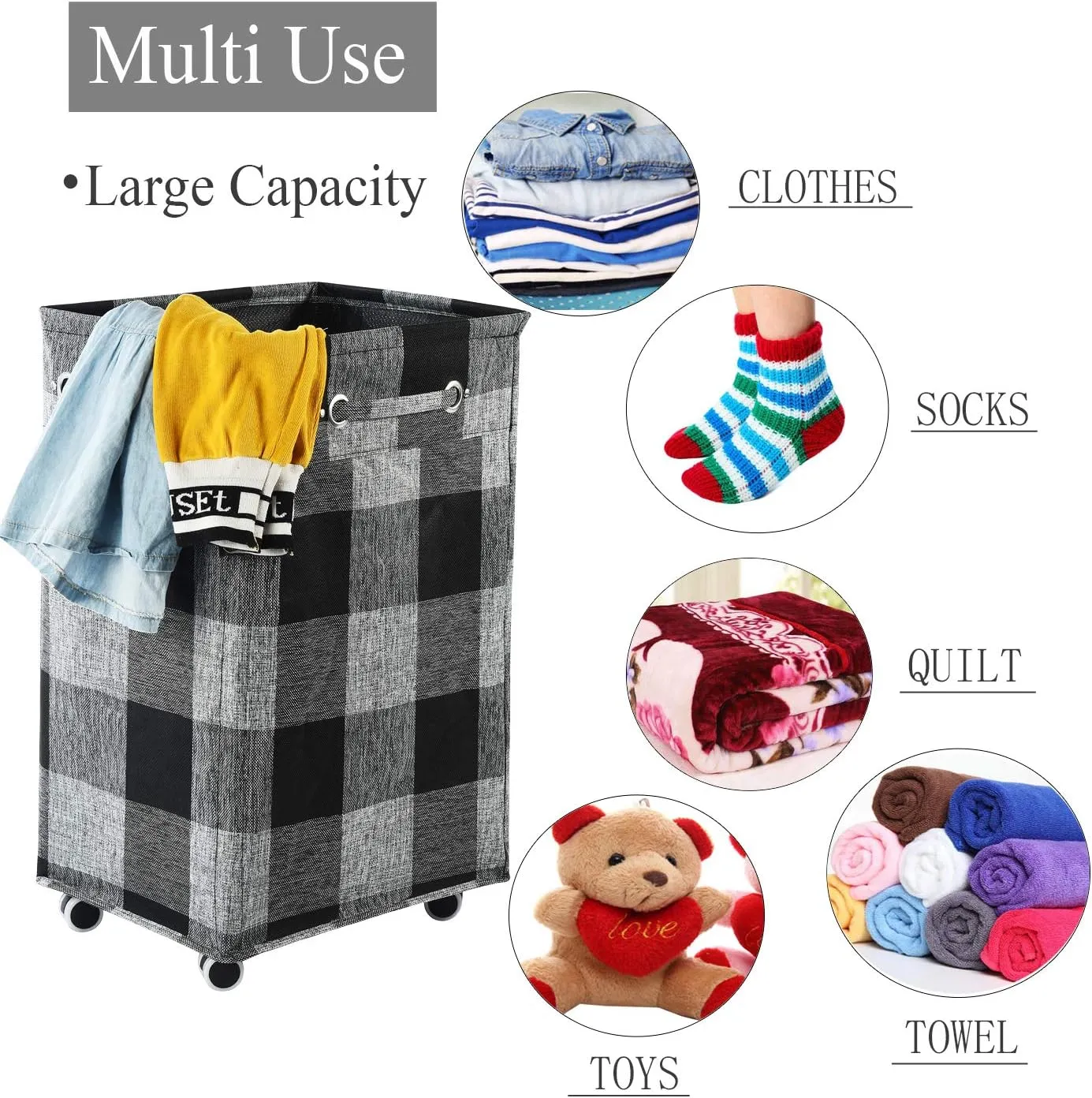 Haundry 86L Large Collapsible Laundry Hamper with Wheels, Waterproof Rolling Clothes Hamper Basket Bin for Dirty Clothes Storage, Black Buffalo Plaid