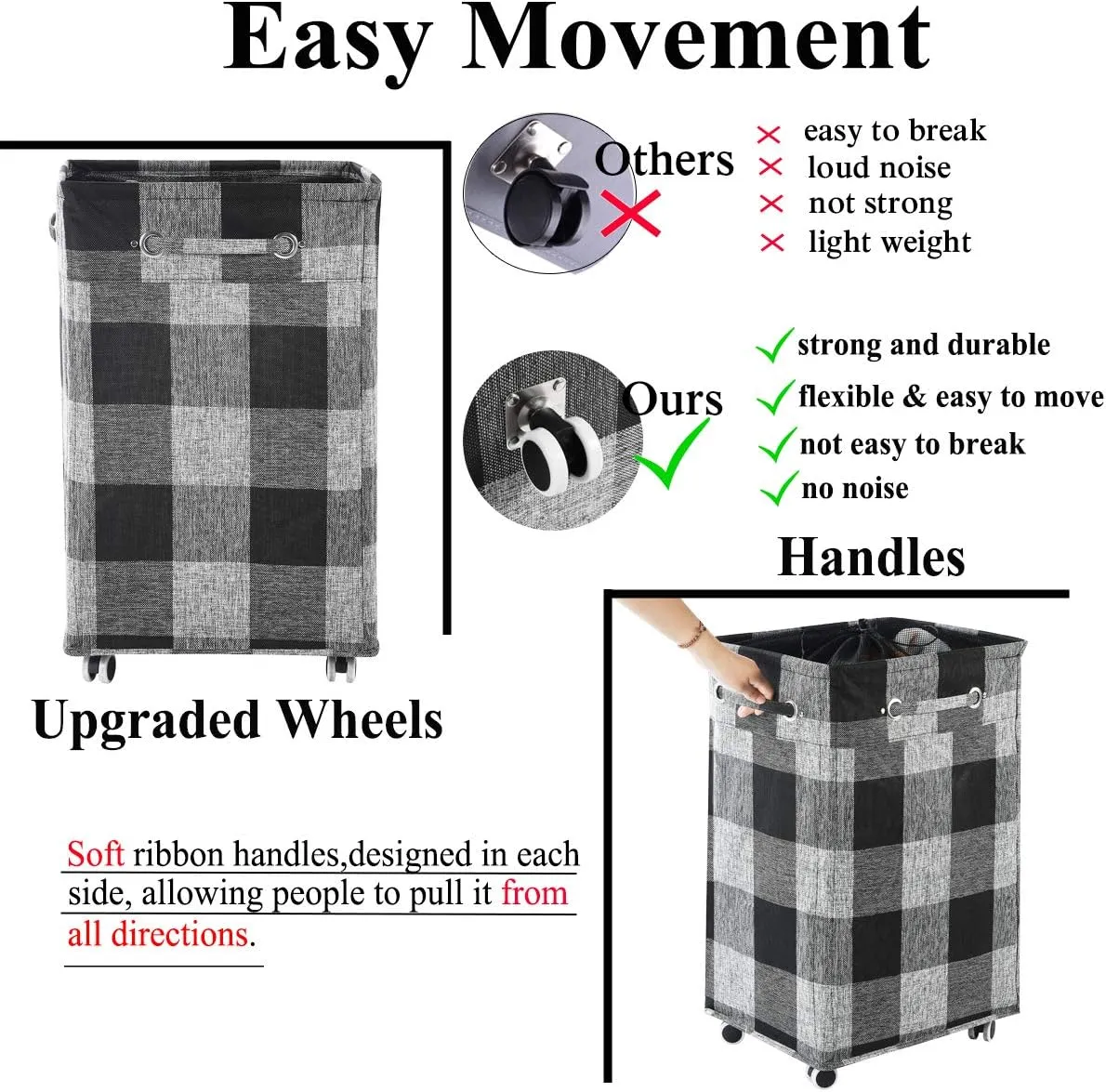 Haundry 86L Large Collapsible Laundry Hamper with Wheels, Waterproof Rolling Clothes Hamper Basket Bin for Dirty Clothes Storage, Black Buffalo Plaid