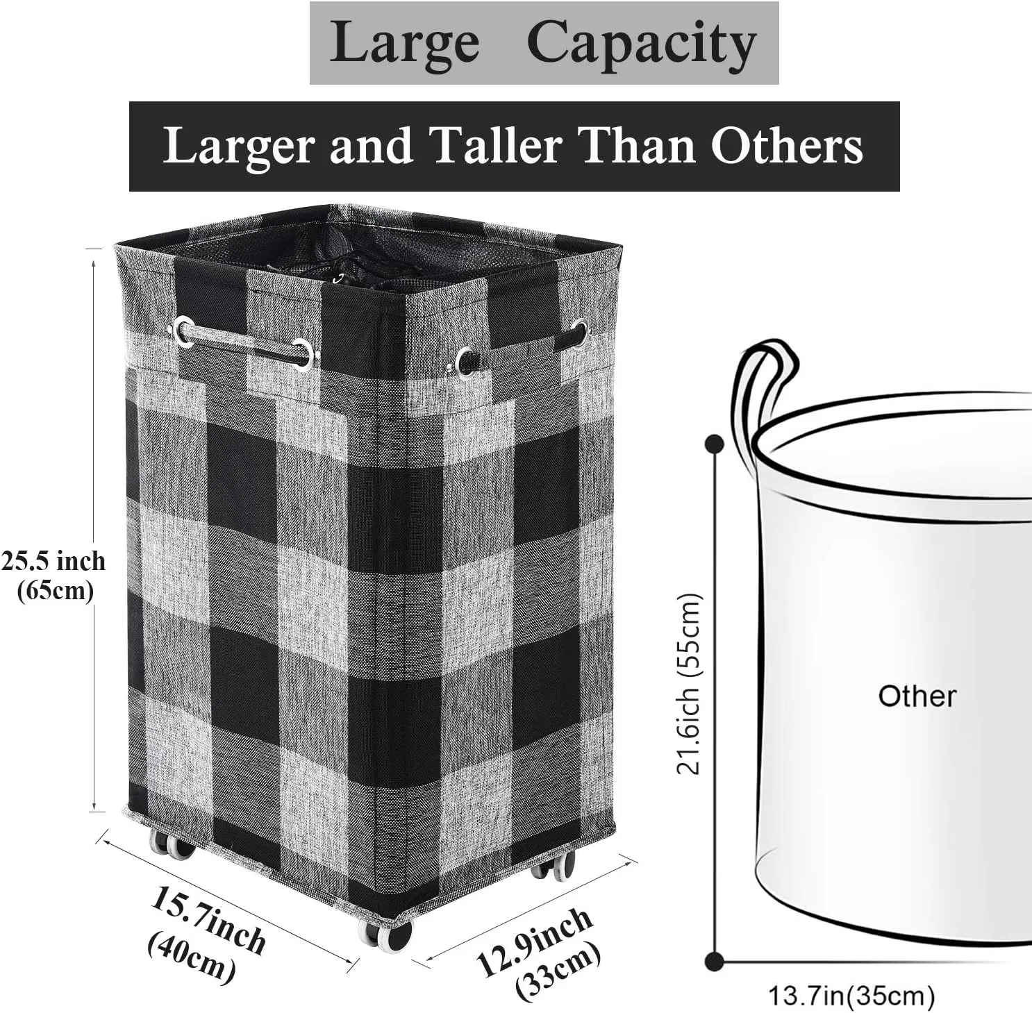 Haundry 86L Large Collapsible Laundry Hamper with Wheels, Waterproof Rolling Clothes Hamper Basket Bin for Dirty Clothes Storage, Black Buffalo Plaid