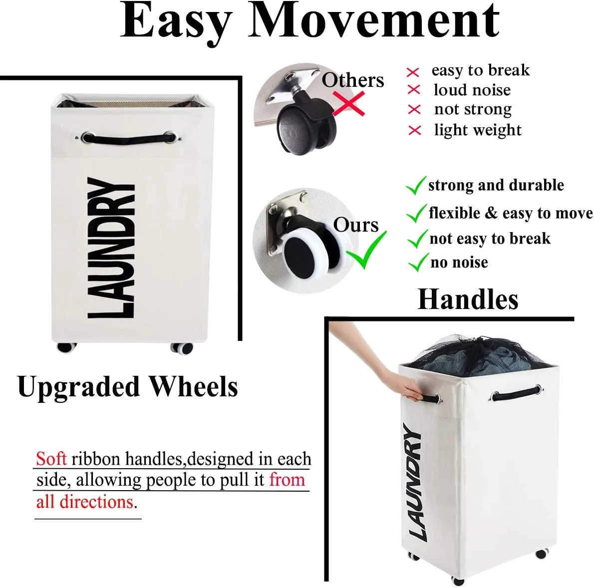 Haundry 86L Large Collapsible Laundry Hamper with Wheels, Waterproof Rolling Clothes Hamper Basket Bin for Dirty Clothes Storage