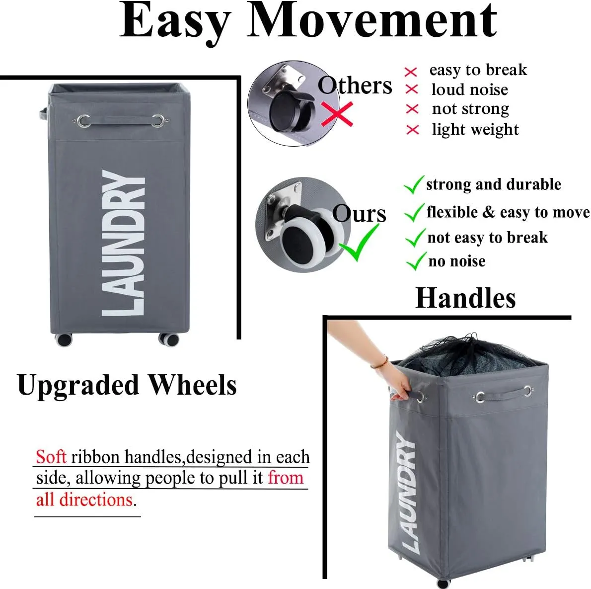Haundry 86L Large Collapsible Laundry Hamper with Wheels, Waterproof Rolling Wheeled Laundry Basket Clothes Hamper Basket Bin for Dirty Clothes Storage
