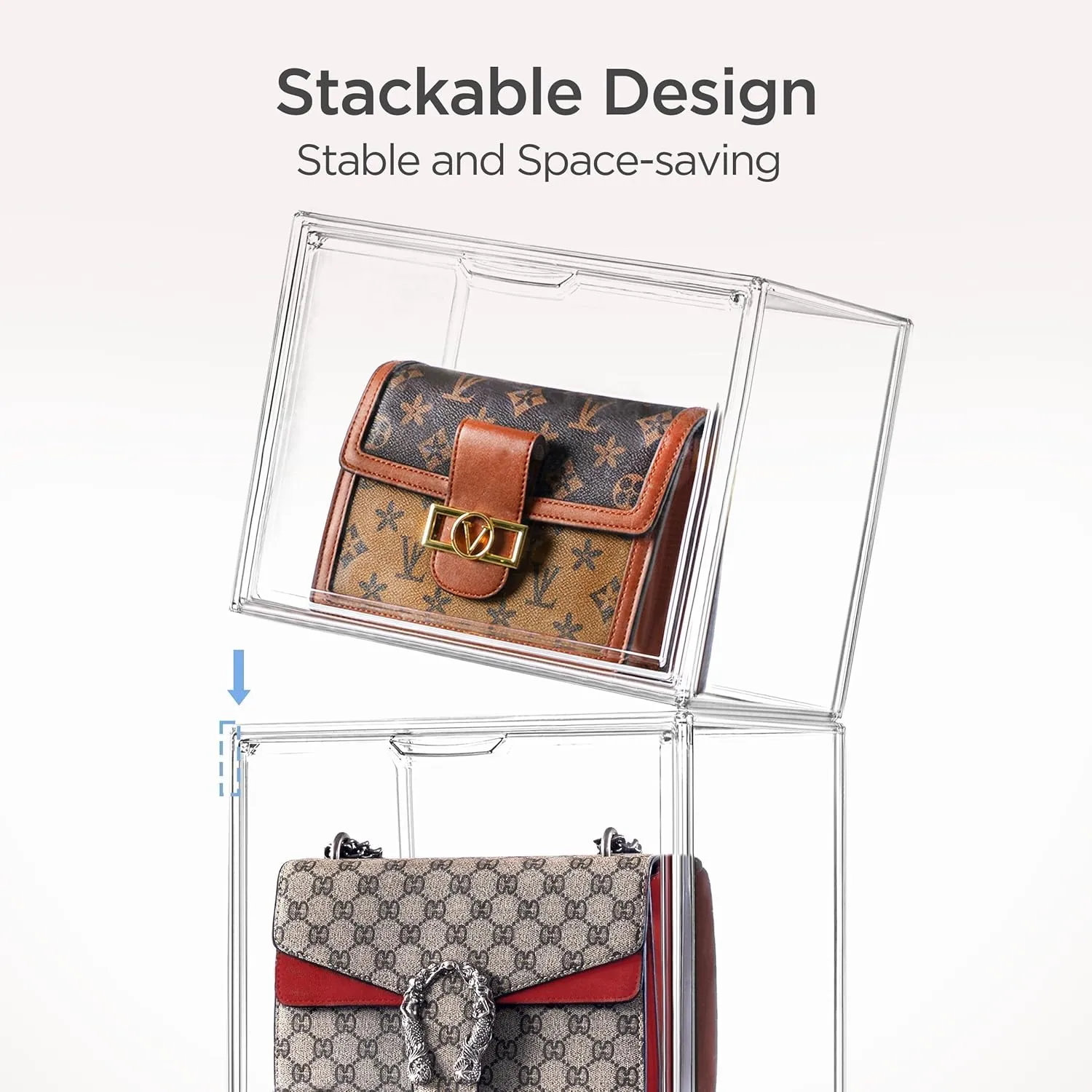 HBlife 4 Pack Purse Storage Organizer for Closet, Large Clear Stackable Handbag Display Case Box with Magnetic Door for Collectibles, Cosmetics, Women Heels and Toys