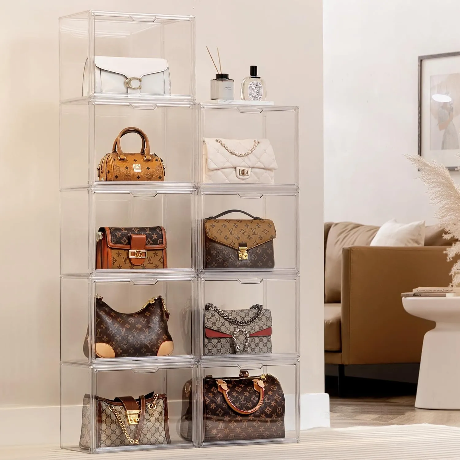 HBlife 4 Pack Purse Storage Organizer for Closet, Large Clear Stackable Handbag Display Case Box with Magnetic Door for Collectibles, Cosmetics, Women Heels and Toys