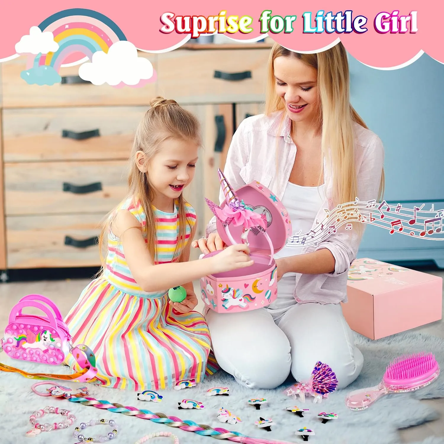 Heart Musical Jewelry Box for Girls with You Are My Sunshine Song | Unicorn Jewelry Box Gifts for Girls | Valentines Birthday Gifts Set for Girls Toddler Kids 3 4 5 6 7 8 Years Old