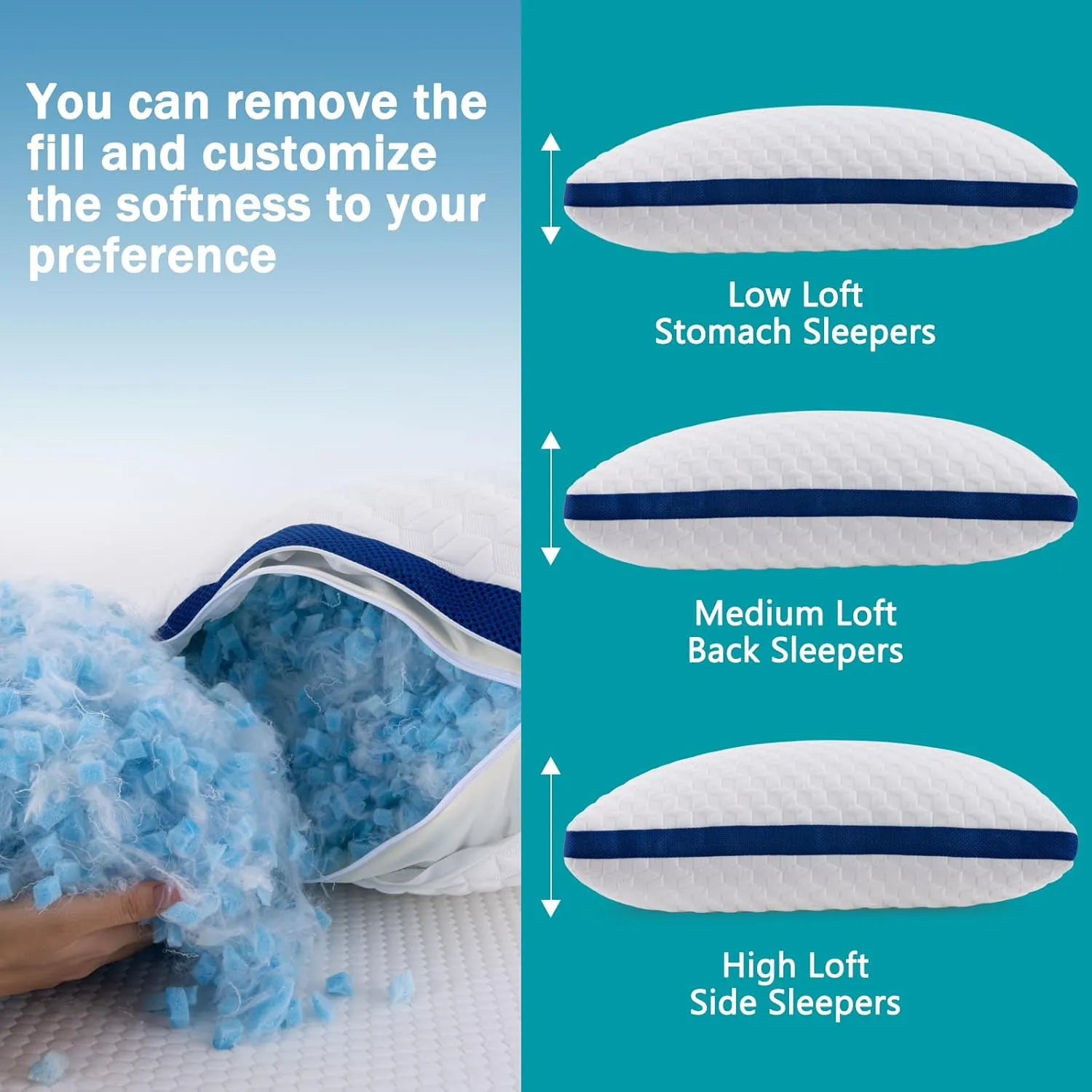 Heavier Weight Fabric Shredded Memory Foam Pillows Cooling Bed Pillows 2 Pack, King Size Pillows Set of 2 for Sleeping, Support Soft for Side Back Stomach Sleepers, with Washable Cover, 20X36