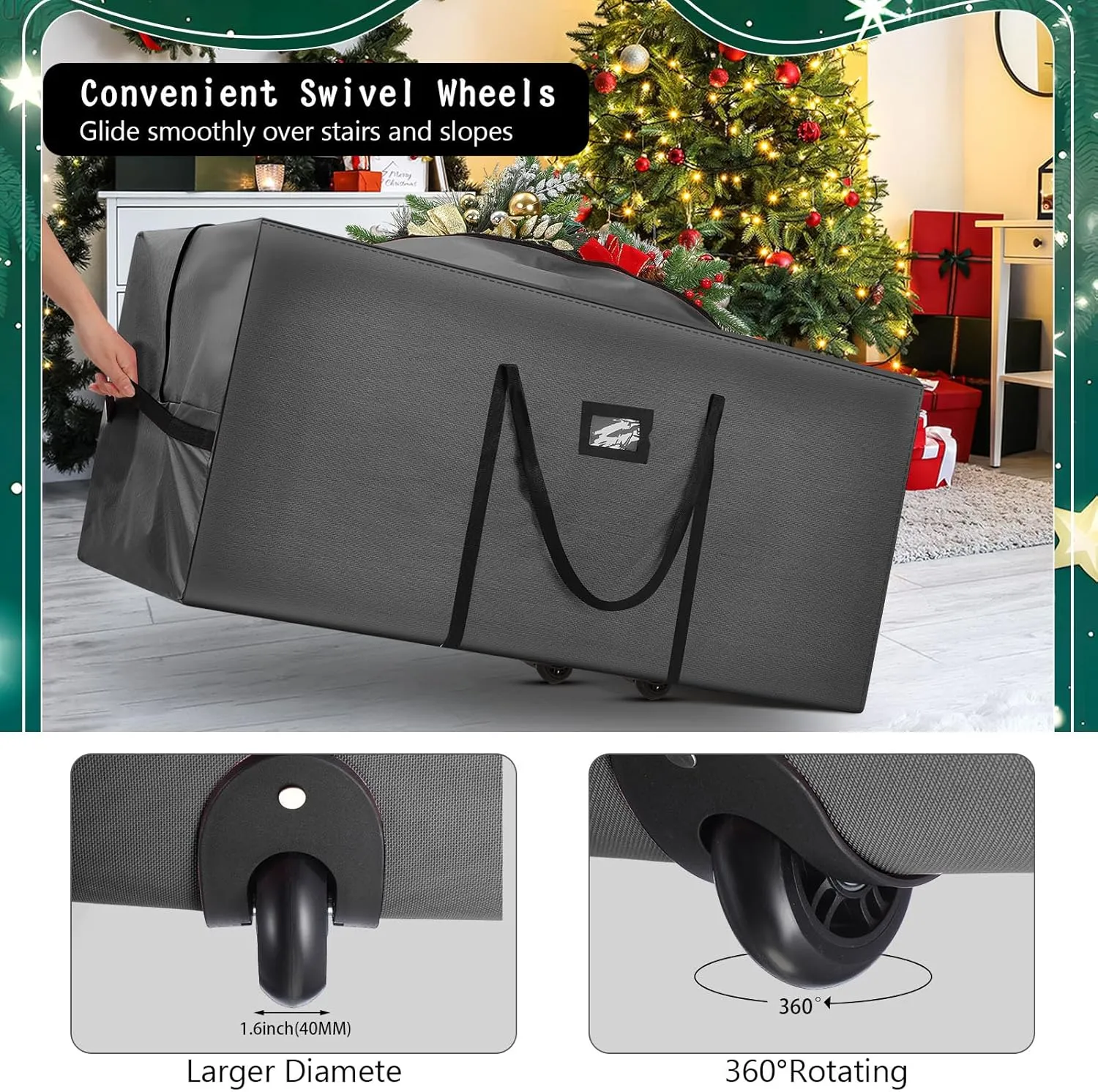 Heavy Duty Christmas Tree Storage Bag - 900d Oxford Fabric with Wheels and Reinforced Handles, Durable Storage Box for Disassembled Holiday Trees(9ft,Grey)