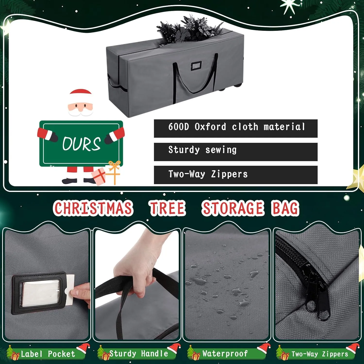 Heavy Duty Christmas Tree Storage Bag - 900d Oxford Fabric with Wheels and Reinforced Handles, Durable Storage Box for Disassembled Holiday Trees(9ft,Grey)
