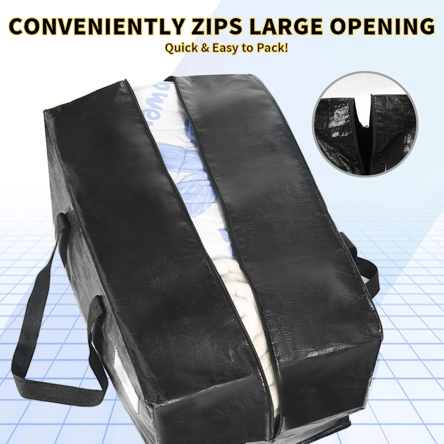 Heavy Duty Extra Large Jumbo Packing Bags, 121 Gallon Huge Storage Bags with Strong Zippers & Carrying Handles, Reusable Big Moving Totes for College Dorm Travel 1Pack