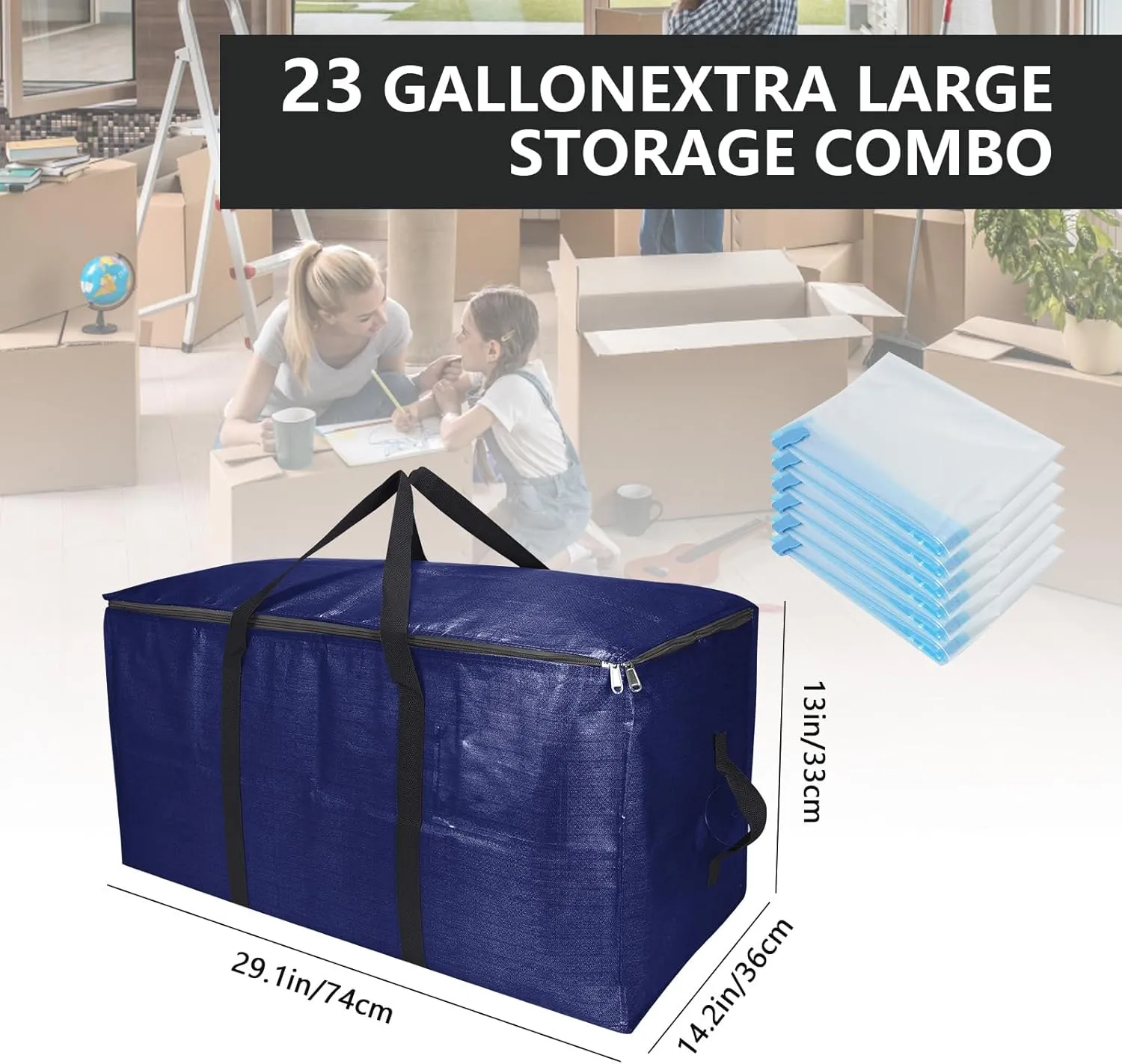 Heavy-Duty Extra Large Moving Bags with Zippers & Handles Extra Large Storage Bag Set Heavy Duty Moving Totes Dual-Way Carrying Design, (Blue, 16 Park-6 Moving bag & 10 Vacuum Seal Bags)