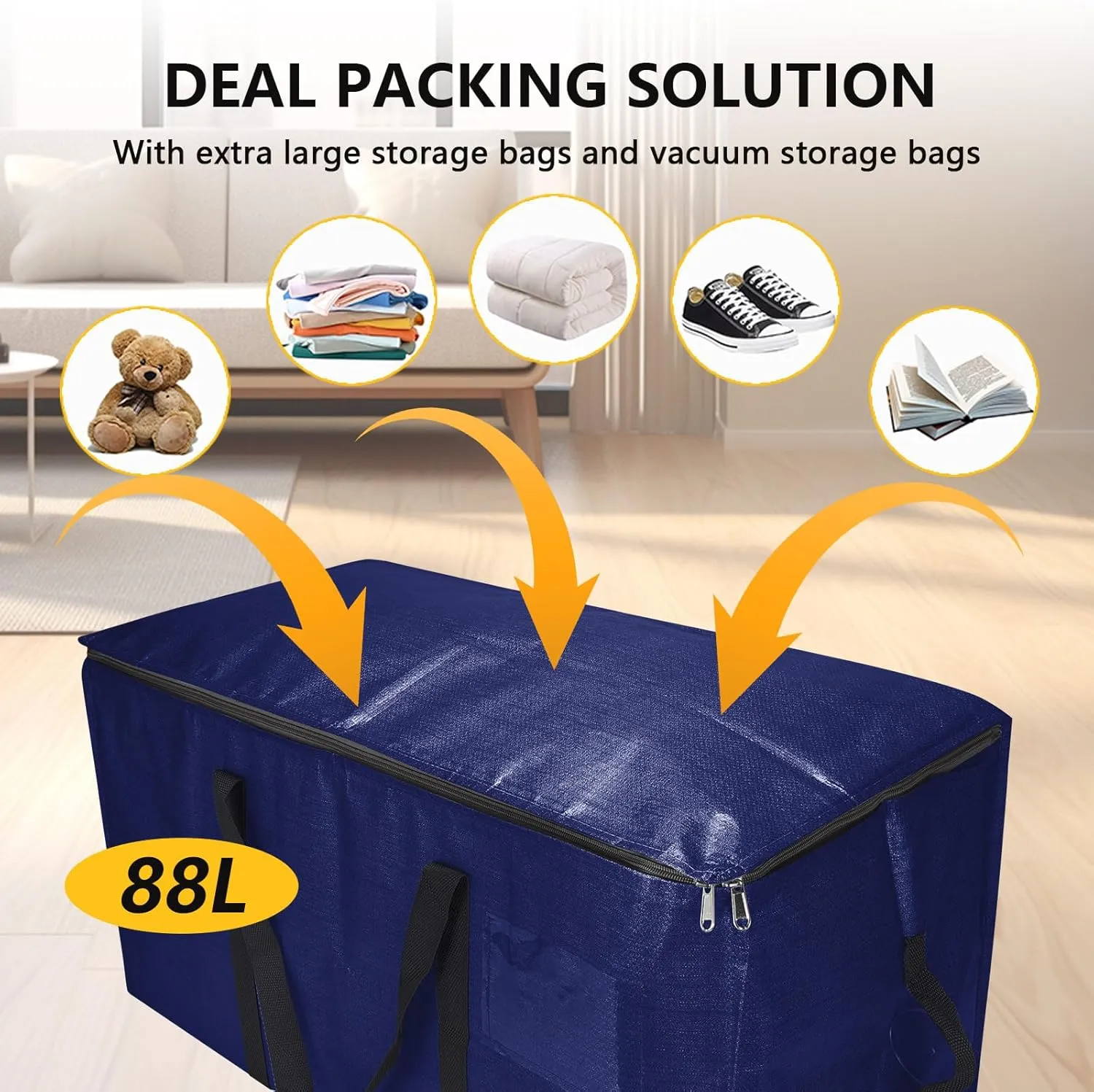 Heavy-Duty Extra Large Moving Bags with Zippers & Handles Extra Large Storage Bag Set Heavy Duty Moving Totes Dual-Way Carrying Design, (Blue, 16 Park-6 Moving bag & 10 Vacuum Seal Bags)