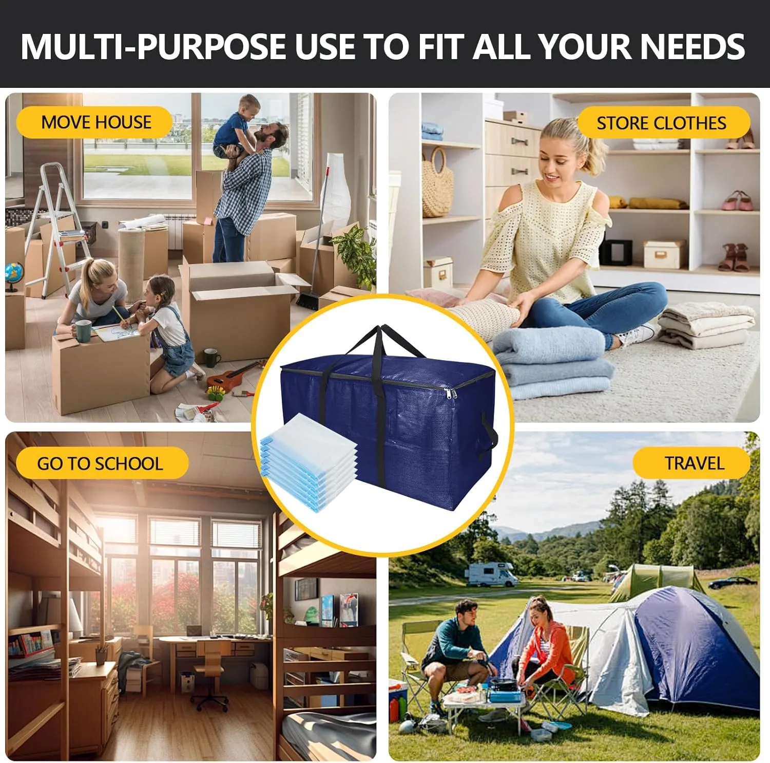 Heavy-Duty Extra Large Moving Bags with Zippers & Handles Extra Large Storage Bag Set Heavy Duty Moving Totes Dual-Way Carrying Design, (Blue, 16 Park-6 Moving bag & 10 Vacuum Seal Bags)