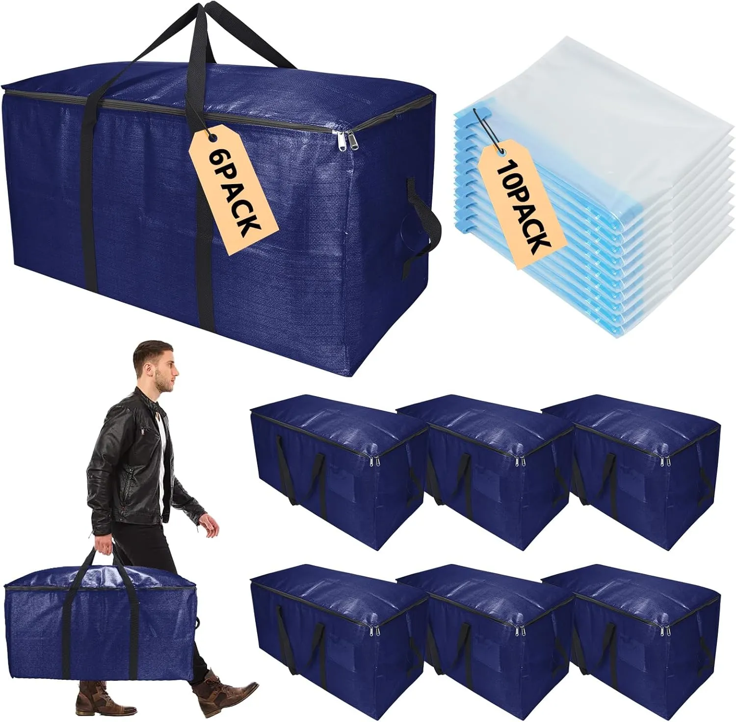 Heavy-Duty Extra Large Moving Bags with Zippers & Handles Extra Large Storage Bag Set Heavy Duty Moving Totes Dual-Way Carrying Design, (Blue, 16 Park-6 Moving bag & 10 Vacuum Seal Bags)