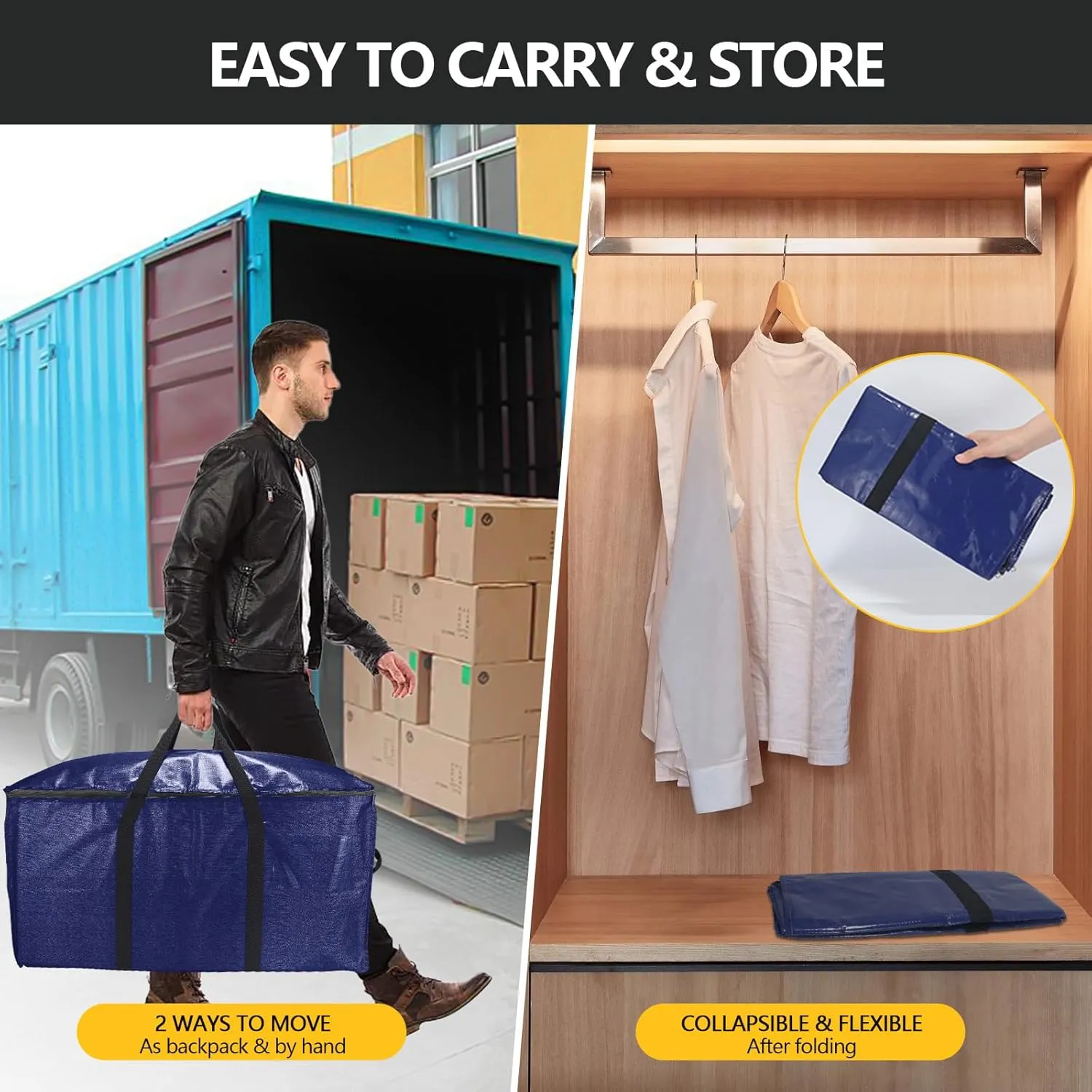 Heavy-Duty Extra Large Moving Bags with Zippers & Handles Extra Large Storage Bag Set Heavy Duty Moving Totes Dual-Way Carrying Design, (Blue, 16 Park-6 Moving bag & 10 Vacuum Seal Bags)