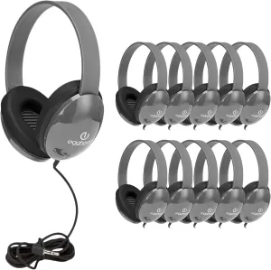 Heavy-Duty Kids' Headphone w/ Tangle-Free Fabric Cord, Gray, 10 pack
