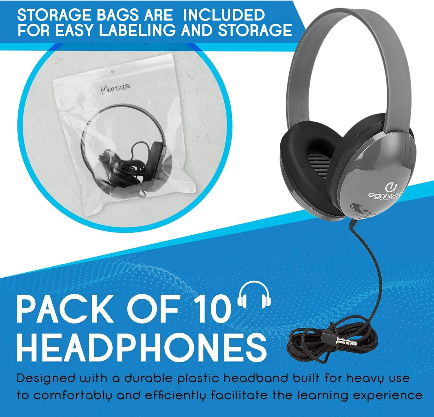 Heavy-Duty Kids' Headphone w/ Tangle-Free Fabric Cord, Gray, 10 pack