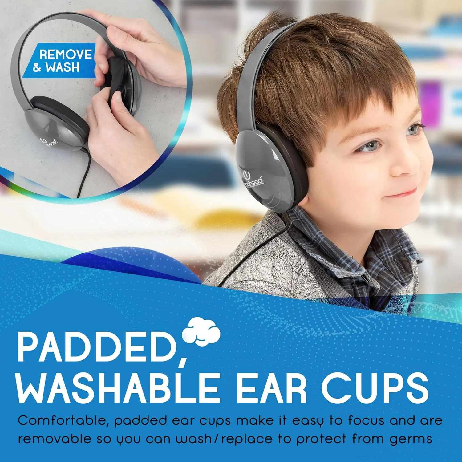 Heavy-Duty Kids' Headphone w/ Tangle-Free Fabric Cord, Gray, 10 pack