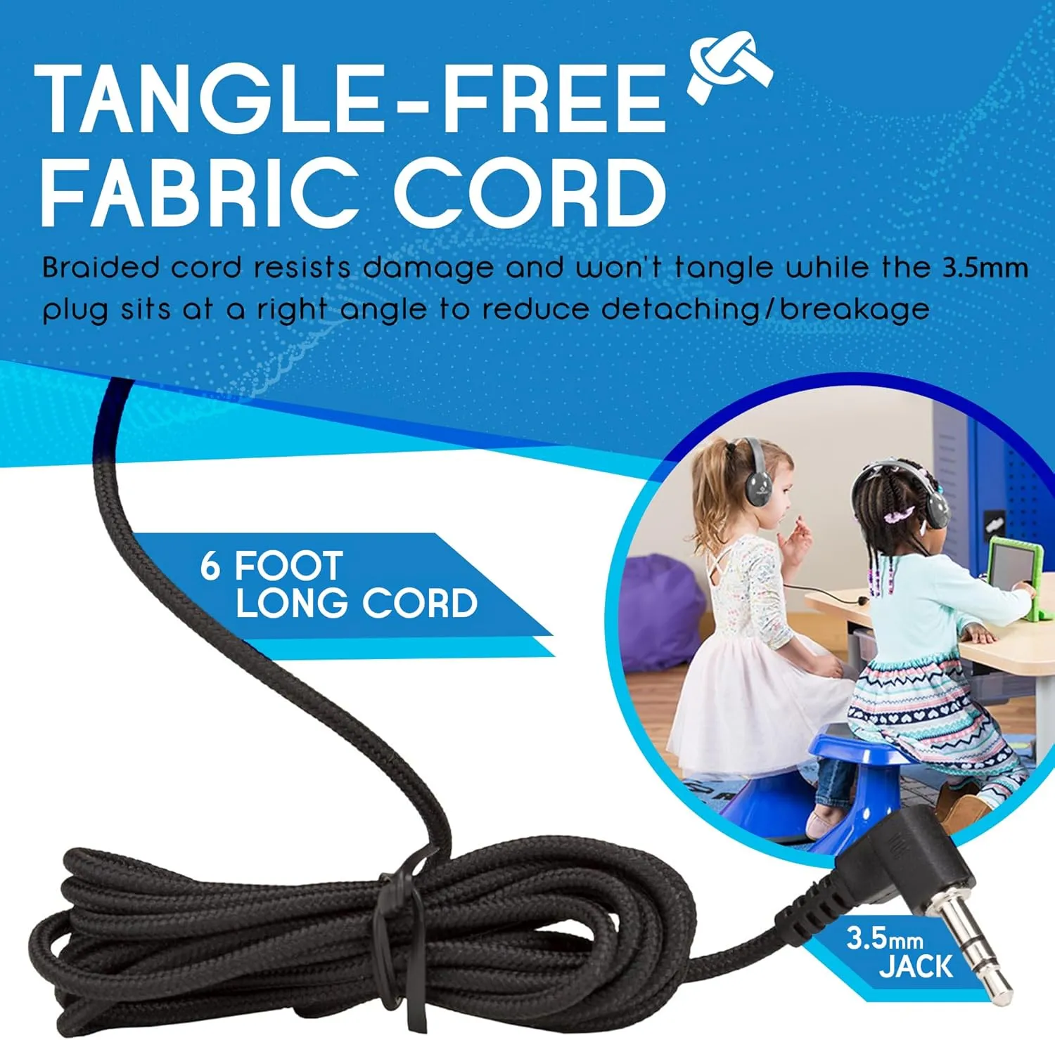 Heavy-Duty Kids' Headphone w/ Tangle-Free Fabric Cord, Gray, 10 pack