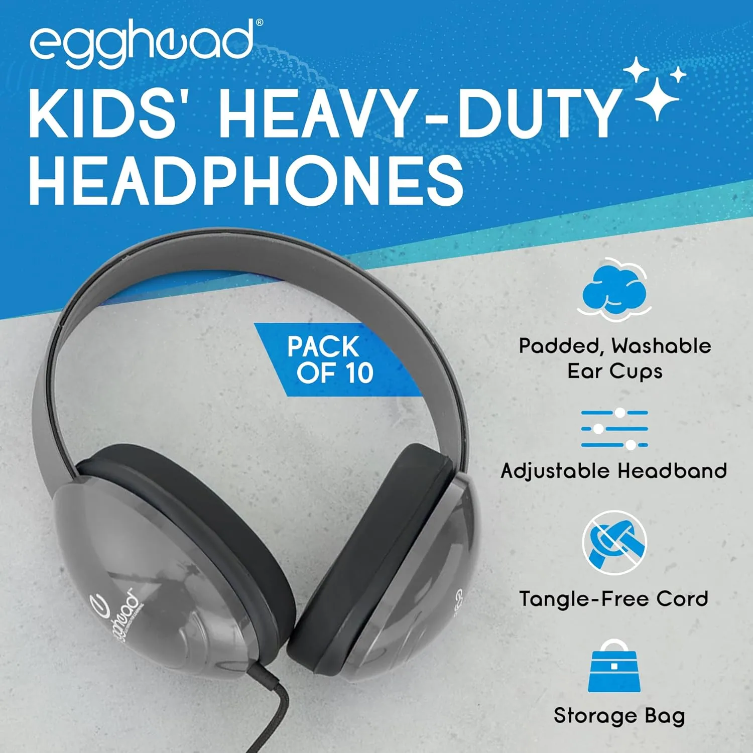 Heavy-Duty Kids' Headphone w/ Tangle-Free Fabric Cord, Gray, 10 pack