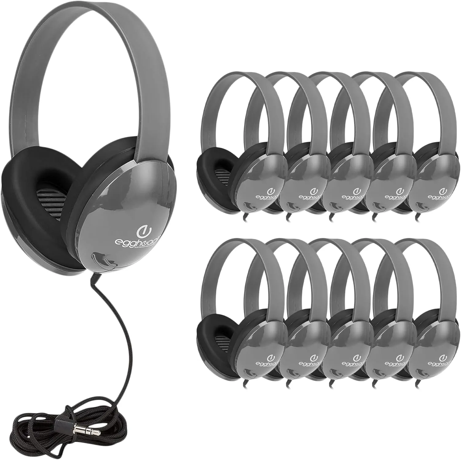 Heavy-Duty Kids' Headphone w/ Tangle-Free Fabric Cord, Gray, 10 pack
