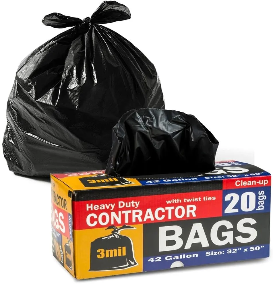 Heavy Duty Trash Bags with Twist Ties | Contractor Bags with 3.0 Mil Thickness | Pack of 20 | 42 Gallon Contractor Bags for Construction Sites, Commercial Use & Yard Waste | 32” x 50”