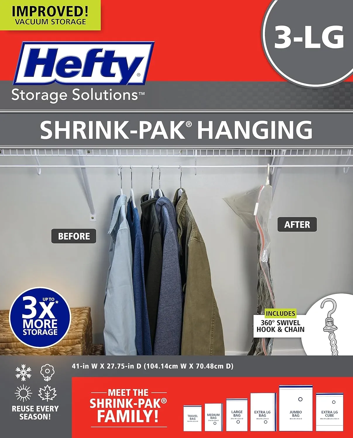 Hefty Shrink-Pak Vacuum Storage Bags - Space Saver for Under Bed Storage, Clothing and Comforters, 3X More Storage Space - 3 Large Hanging Bags