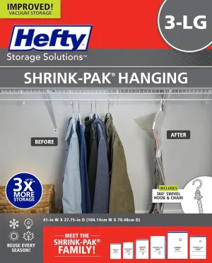 Hefty Shrink-Pak Vacuum Storage Bags - Space Saver for Under Bed Storage, Clothing and Comforters, 3X More Storage Space - 3 Large Hanging Bags
