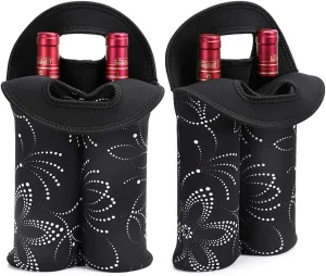 Hipiwe 2-Bottle Wine Bottle Tote Insulated Neoprene Wine Cooler Bag Champagne Water Beer Drinks Bottle Protective Carriers Bag Case for Travel,Dating,Party,Camping (2PCS Black with Flower Pattern)