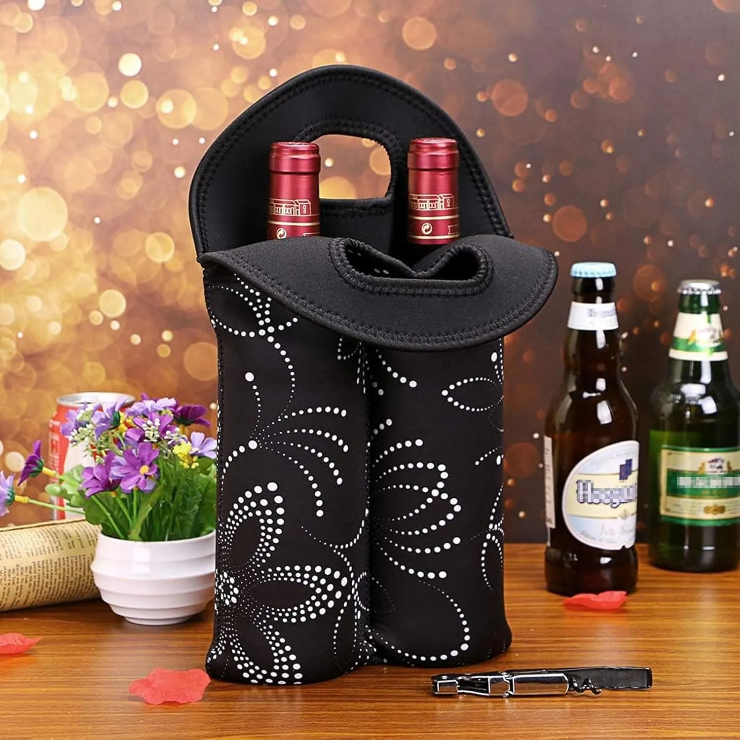 Hipiwe 2-Bottle Wine Bottle Tote Insulated Neoprene Wine Cooler Bag Champagne Water Beer Drinks Bottle Protective Carriers Bag Case for Travel,Dating,Party,Camping (2PCS Black with Flower Pattern)
