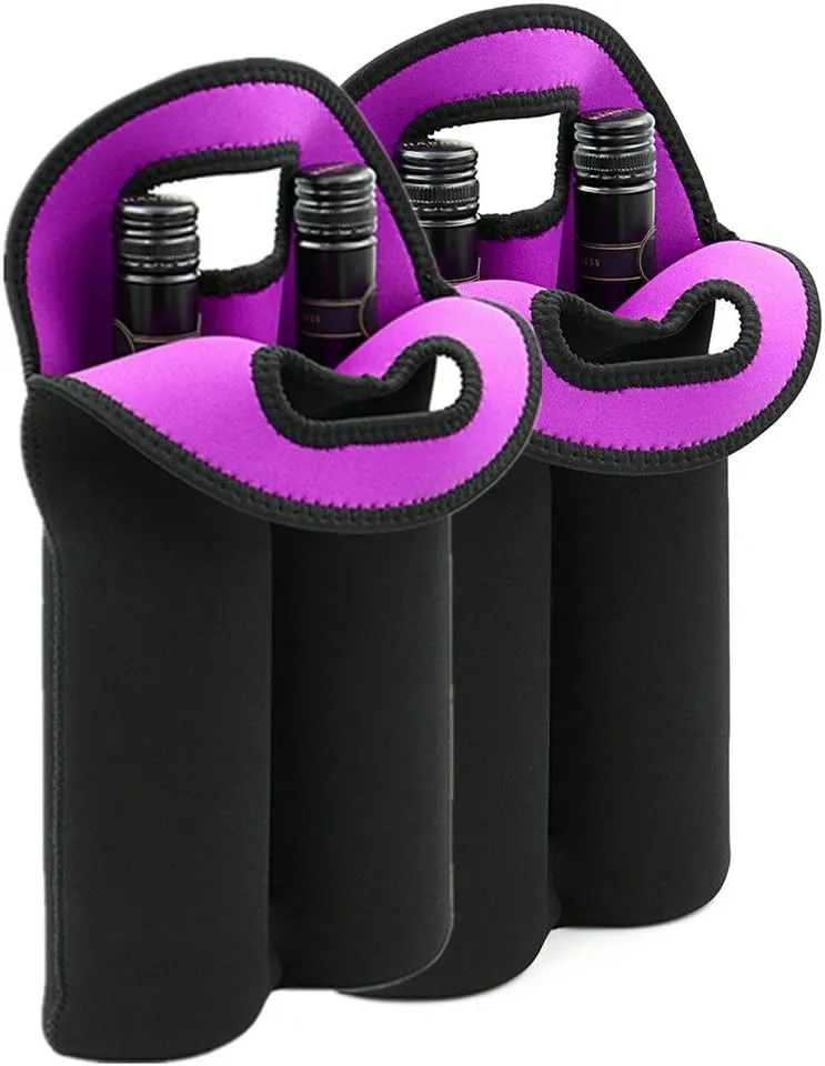 Hipiwe Wine Carrier Tote Bag Two Bottle Insulated Neoprene Wine/Water Bottle Holder for Travel with Secure Carry Handle(2PCS Black)