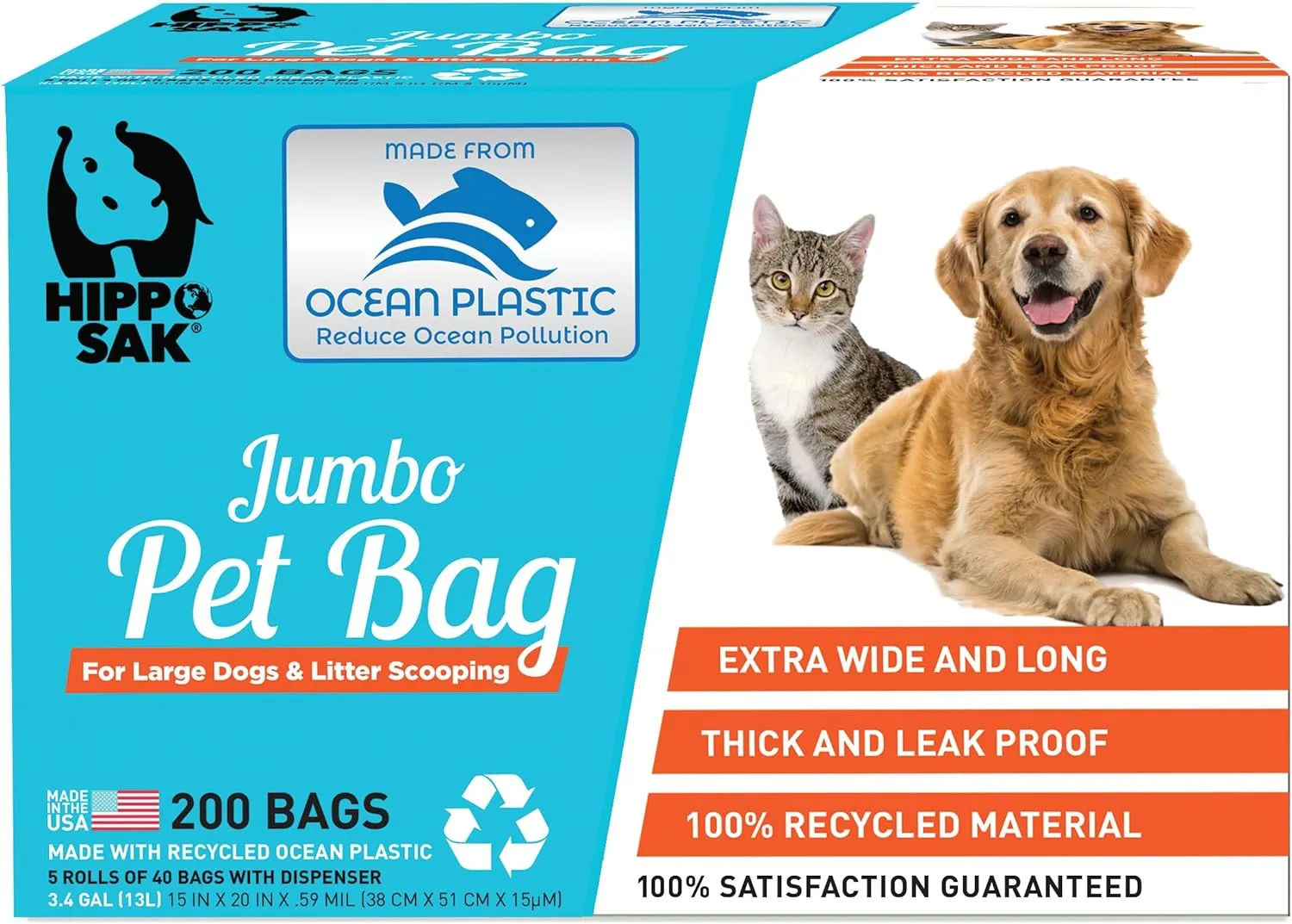 Hippo Sak® Extra Large Pet Poop Bags with Dispenser, Made with Ocean Plastic, 200 Count