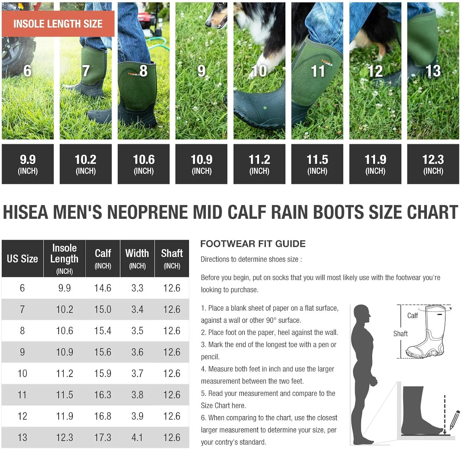 HISEA Men's Rain Boots Neoprene Rubber Boots Waterproof Insulated Mud Boots Mid Height Garden Shoes