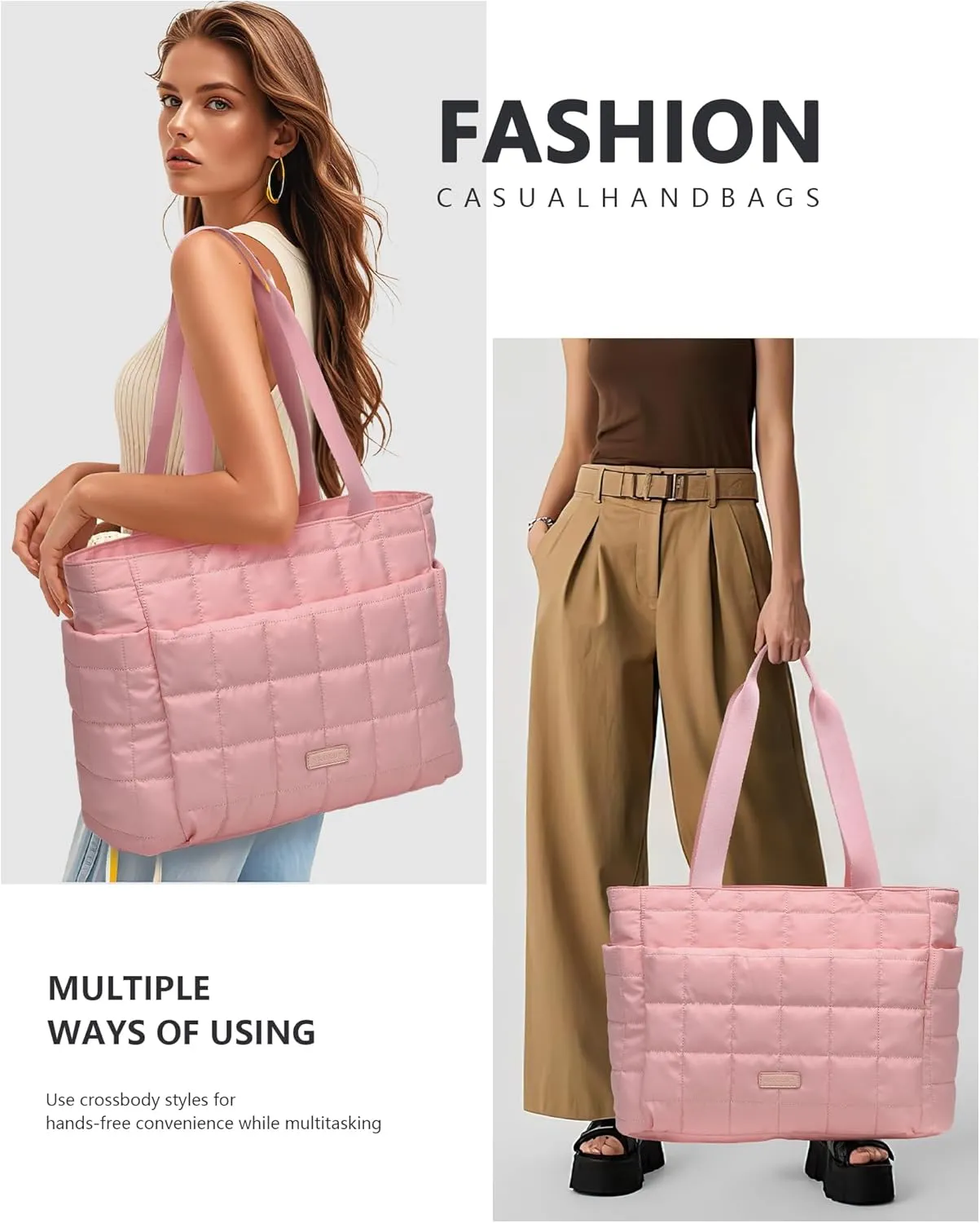 HKCLUF Quilted Puffer Tote Bag for Women 20L Lightweight Waterproof Large Work Travel Gym Tote Bag with Laptop Compartment