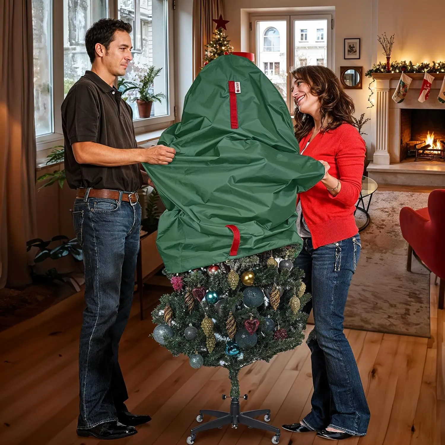 HOLDN’ STORAGE Upright Christmas Tree Storage Bag - Holiday Tree Cover for 4 ft Christmas Trees or Topiary Trees - Durable, Lightweight, Convenient, Vertical Xmas Storage Bag (Green)